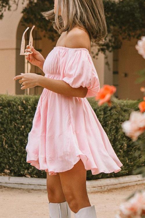 In Paradise Off Shoulder Puff Sleeve Mini Dress - Pink Dresses
