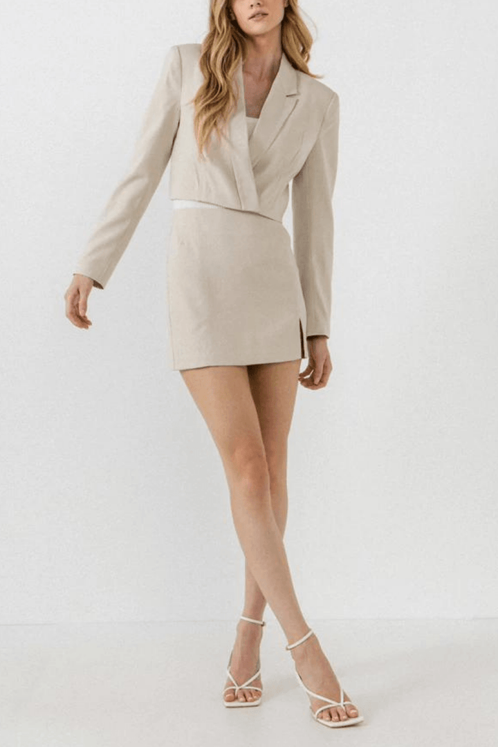 Yours Truly Cropped Blazer & Skirt Co-ord Set - Beige Outfit Sets