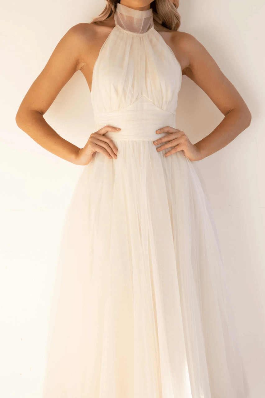 Golden Hour Tulle Bow Maxi Dress - Cream Dresses