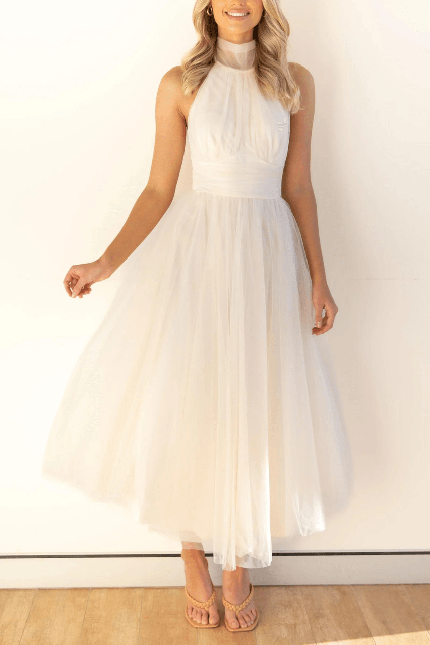 Golden Hour Tulle Bow Maxi Dress - Cream Dresses