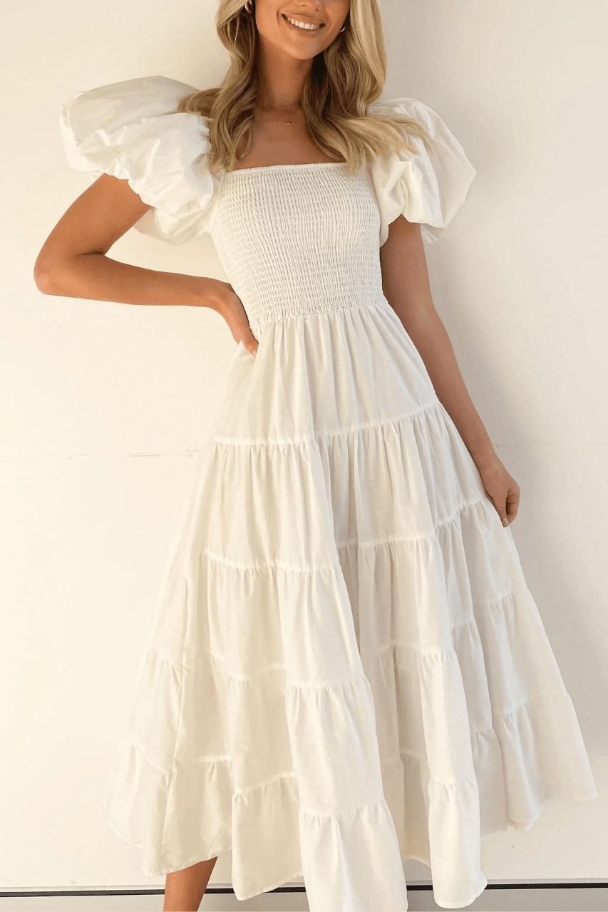 Swan Lake Midi Puff Sleeve Midi Dress - White Dresses