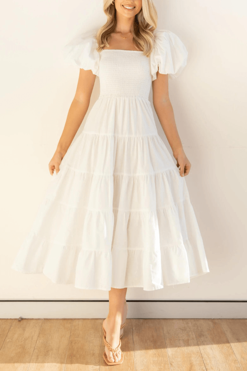 Swan Lake Midi Puff Sleeve Midi Dress - White Dresses