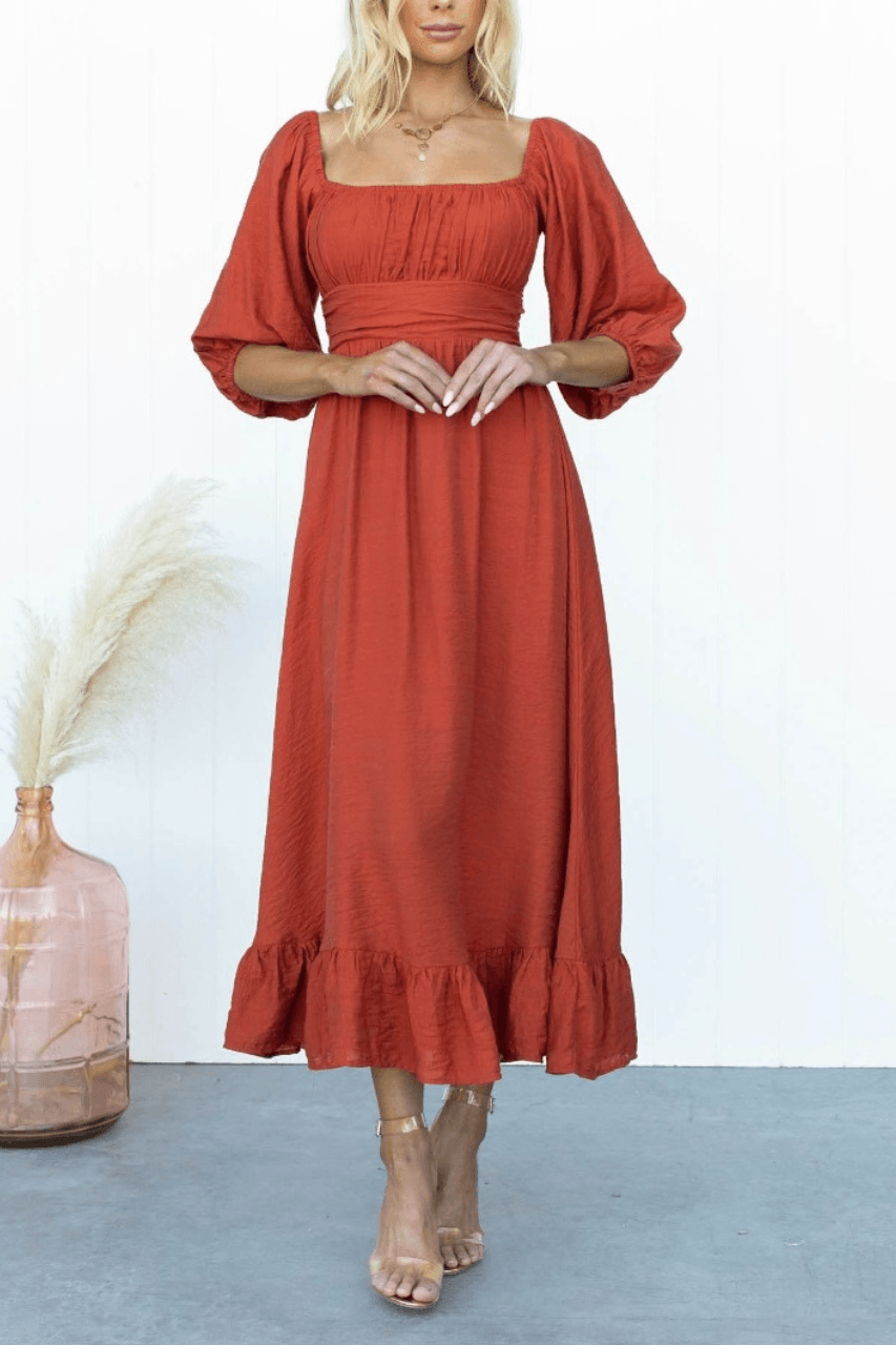 Treat Me Right Maxi Bow Dress - Rust / Off Red Dresses