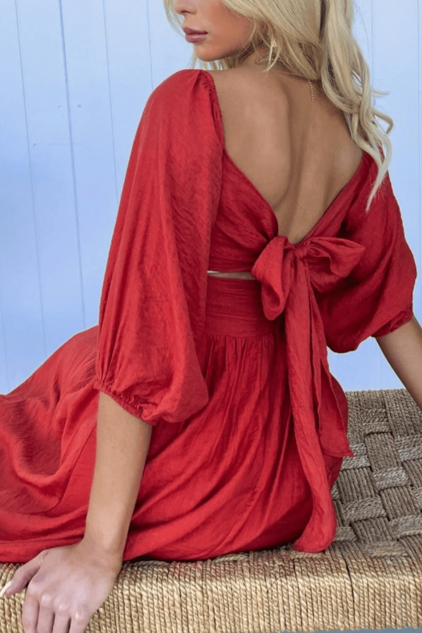 Treat Me Right Maxi Bow Dress - Rust / Off Red Dresses