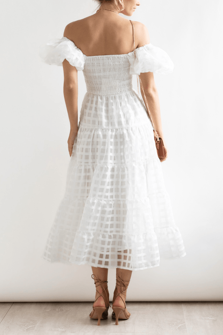 Oh Darling Off Shoulder Maxi Dress - White Check Dresses
