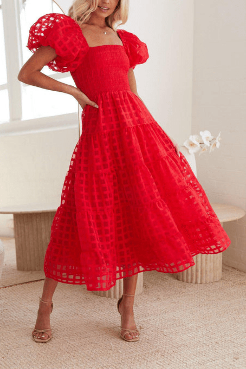 Oh Darling Off Shoulder Maxi Dress - Red Check Dresses