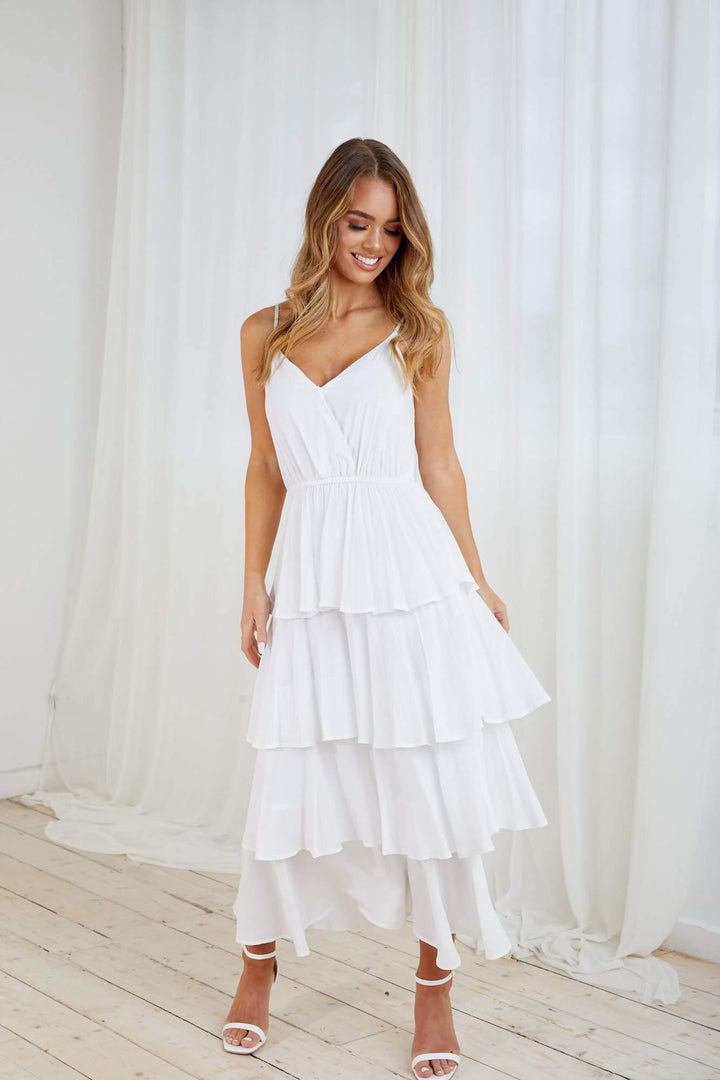 Precious Memories Ruffle Midi Dress - White Dresses