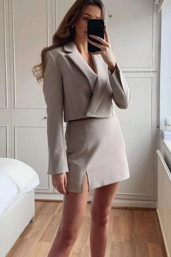 Yours Truly Cropped Blazer & Skirt Co-ord Set - Beige Outfit Sets
